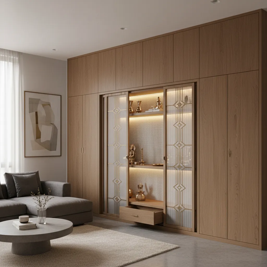 Hidden pooja unit integrated into modern living room cabinet wall