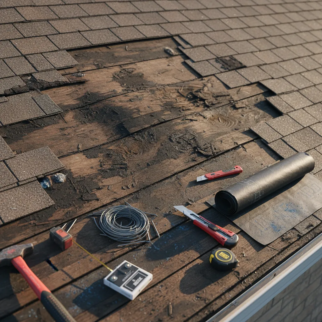 roof shingles removed revealing water damaged decking
