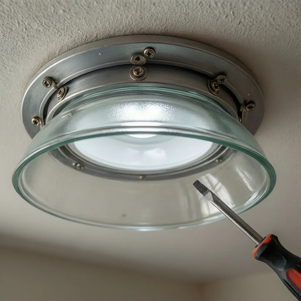 Close up of dome light fixture rim showing hidden mounting screws