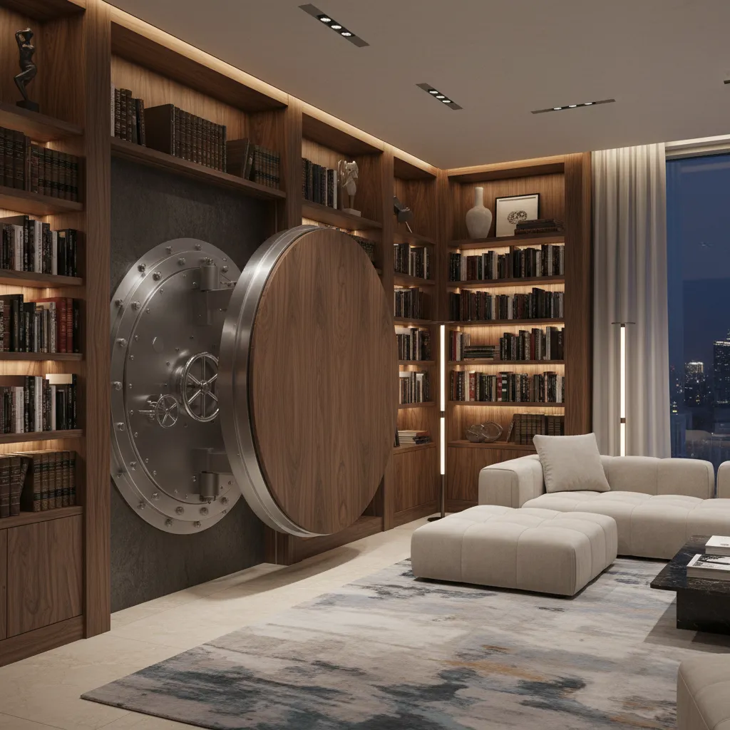 hidden vault room entrance disguised as bookshelf door