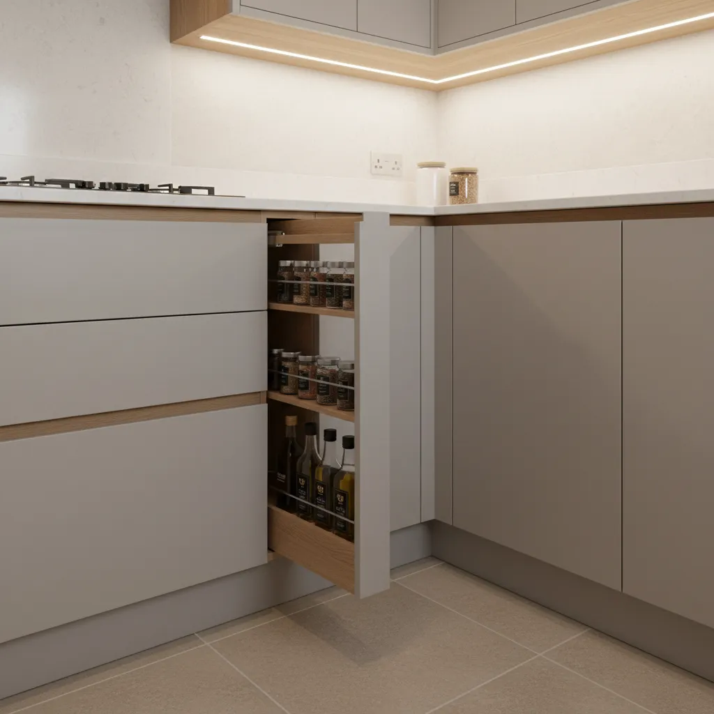 Hidden pull-out storage integrated into narrow asymmetrical kitchen cabinet