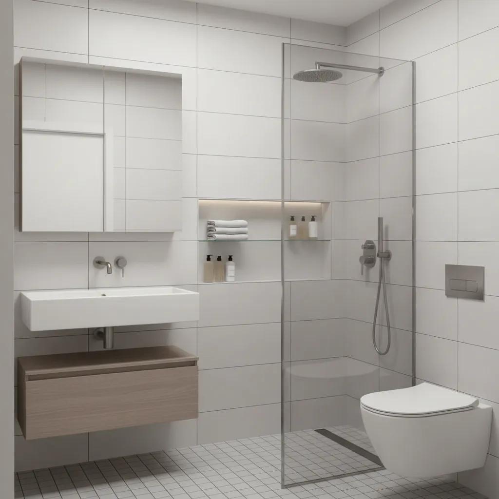 Recessed shower niche and mirror cabinet hidden storage