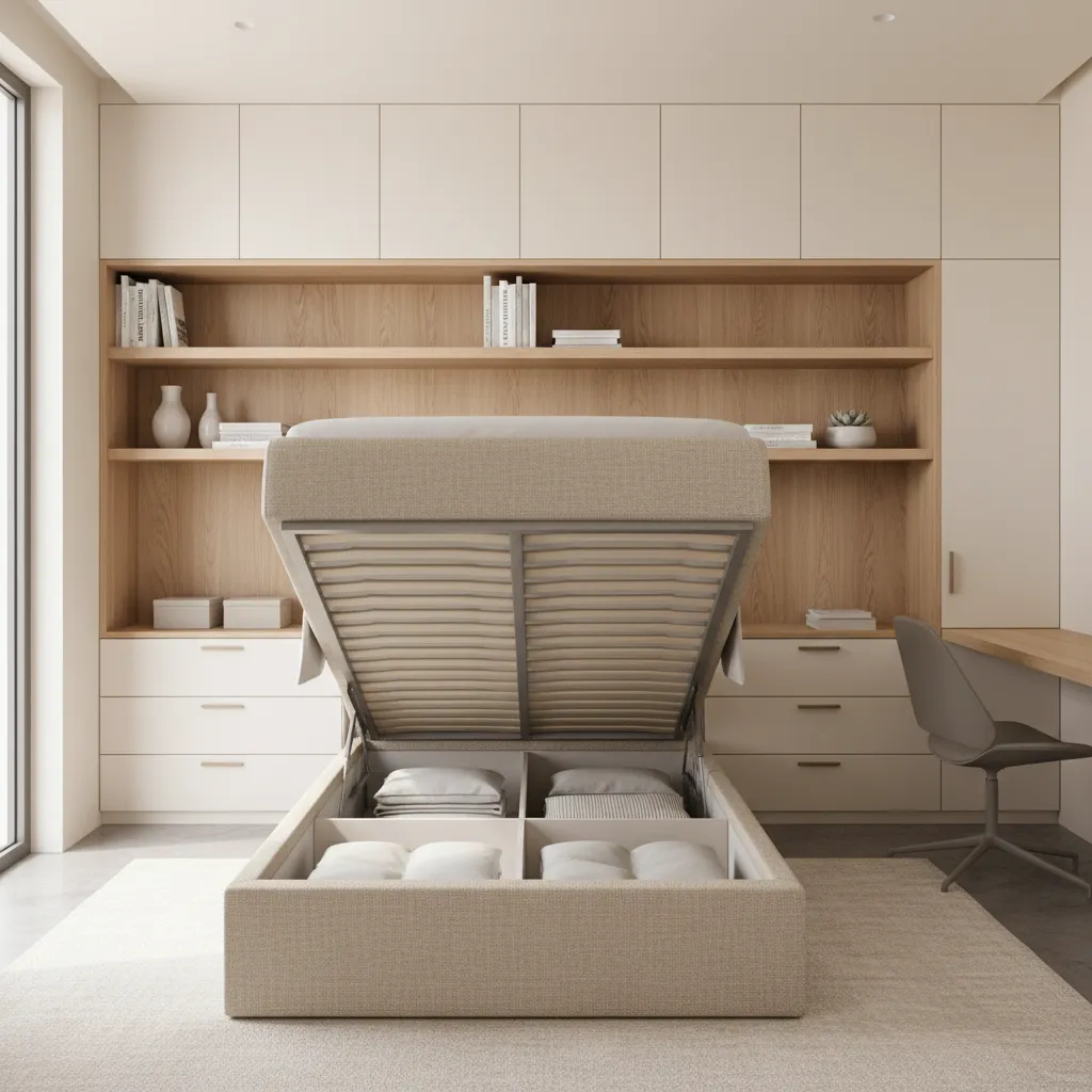 bedroom with ottoman bed storage and built in shelving
