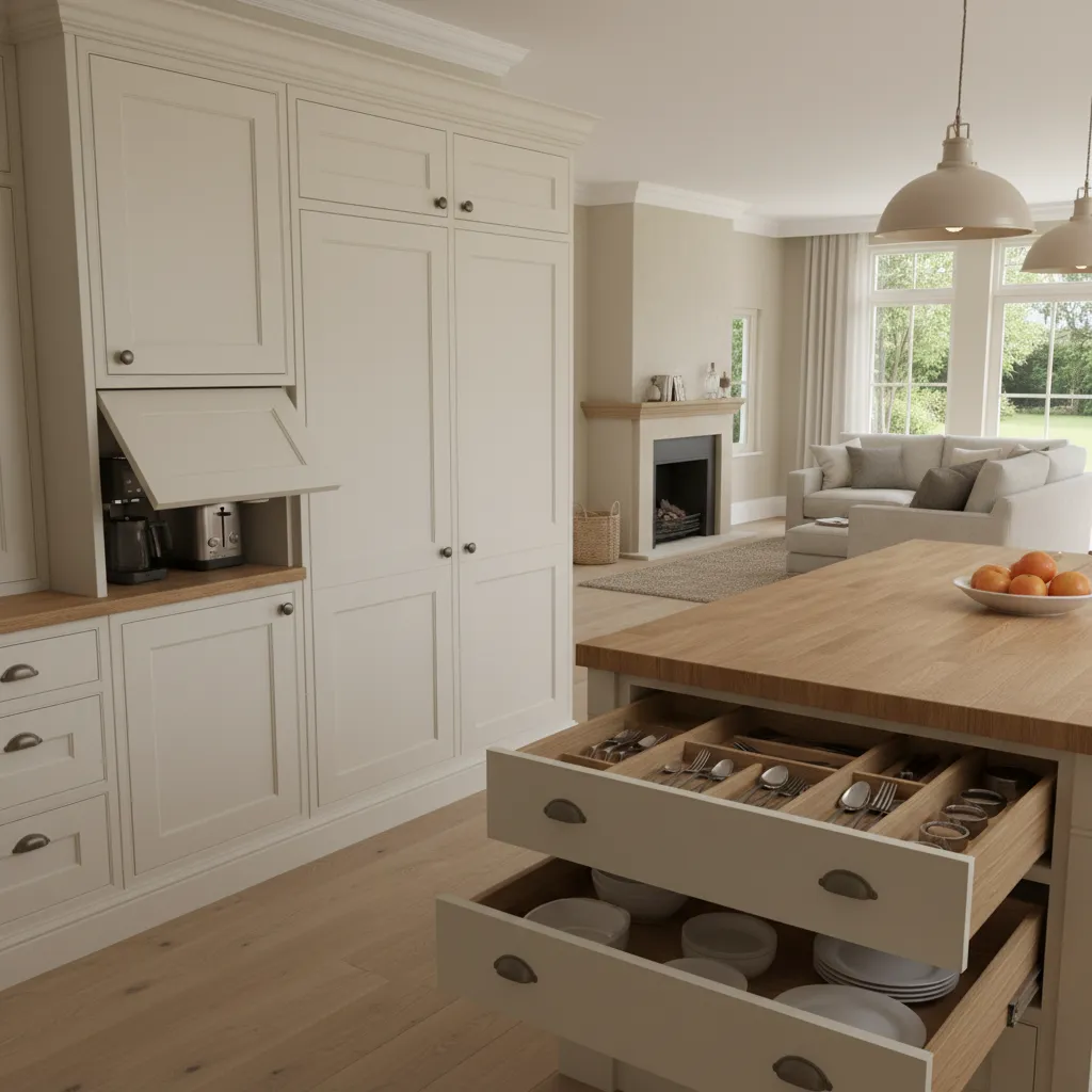Classic kitchen with concealed appliances and hidden storage