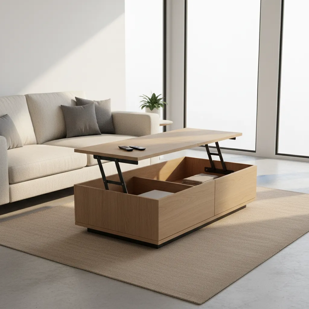 Living room coffee table with hidden storage compartment open