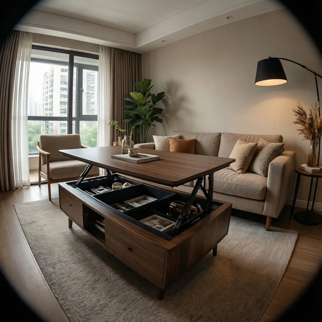 living room coffee table with hidden storage compartment open