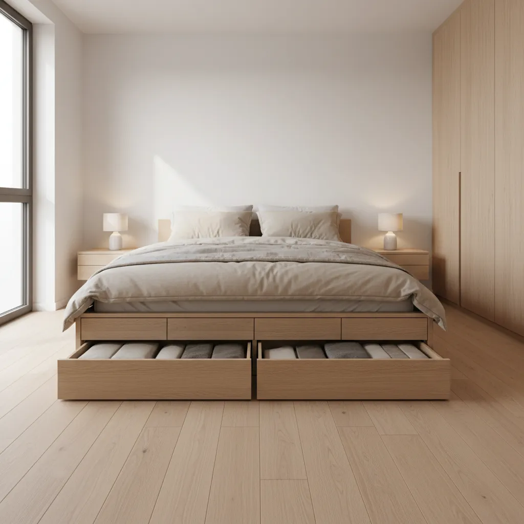Cama con cajones ocultos y almacenamiento integrado en dormitorio moderno