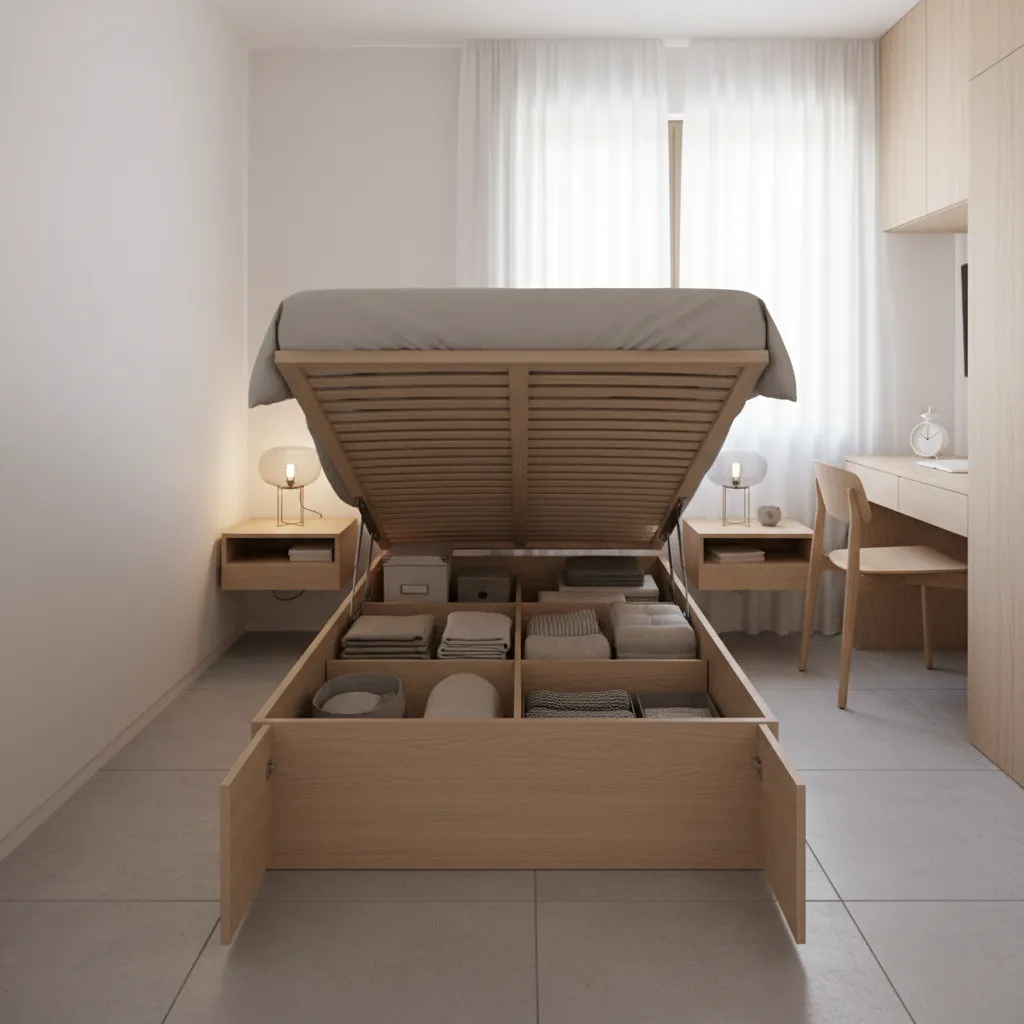 Lift up storage bed and multifunction furniture inside a small apartment