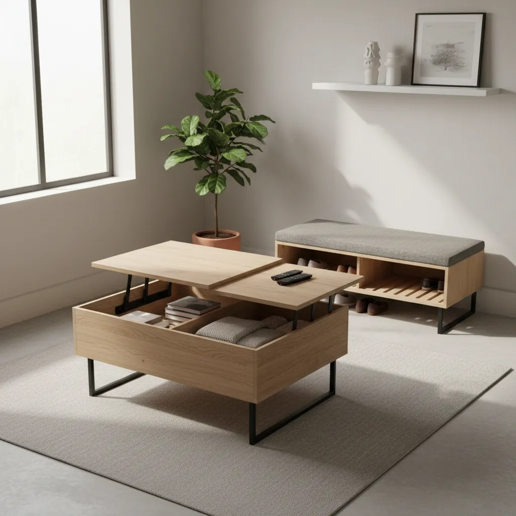 lift top coffee table and storage bench showing hidden compartments in small home