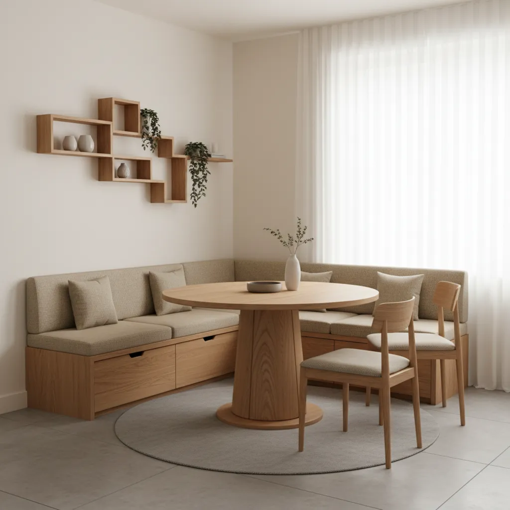 Bench seating with hidden storage in small home dining area