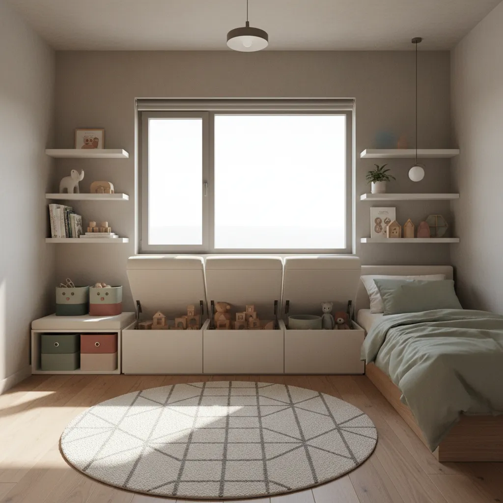 Kids bedroom with hidden storage bench and organized toy bins
