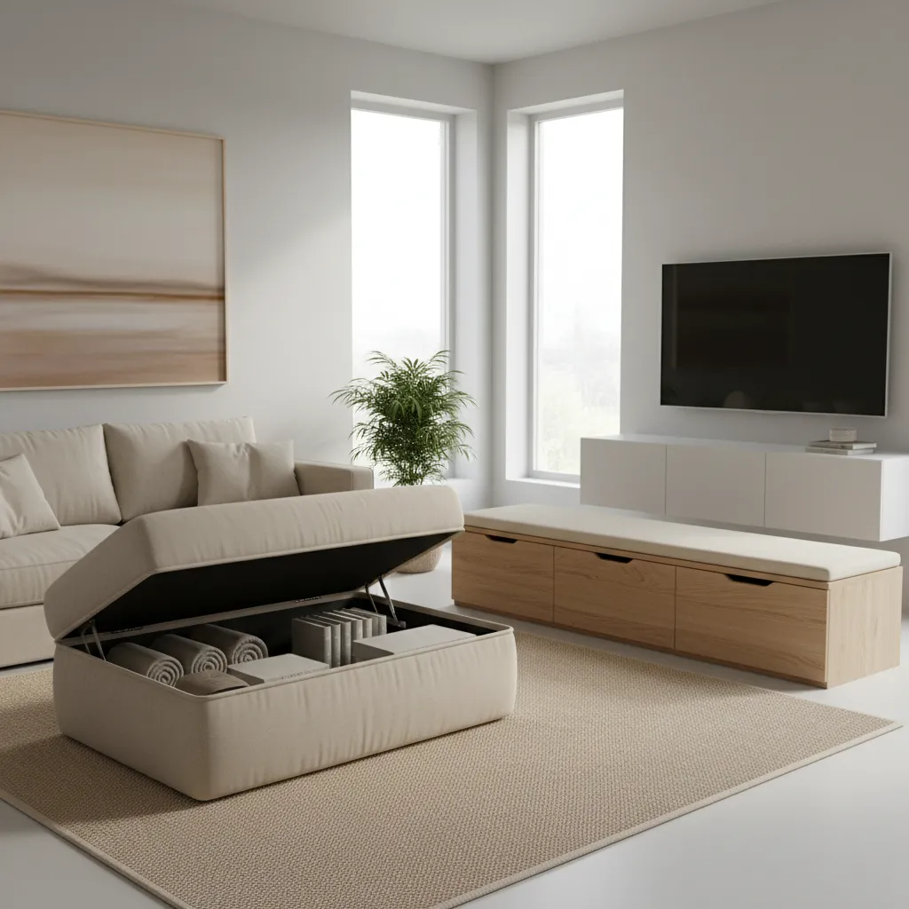 Living room furniture with hidden storage including ottoman and storage bench