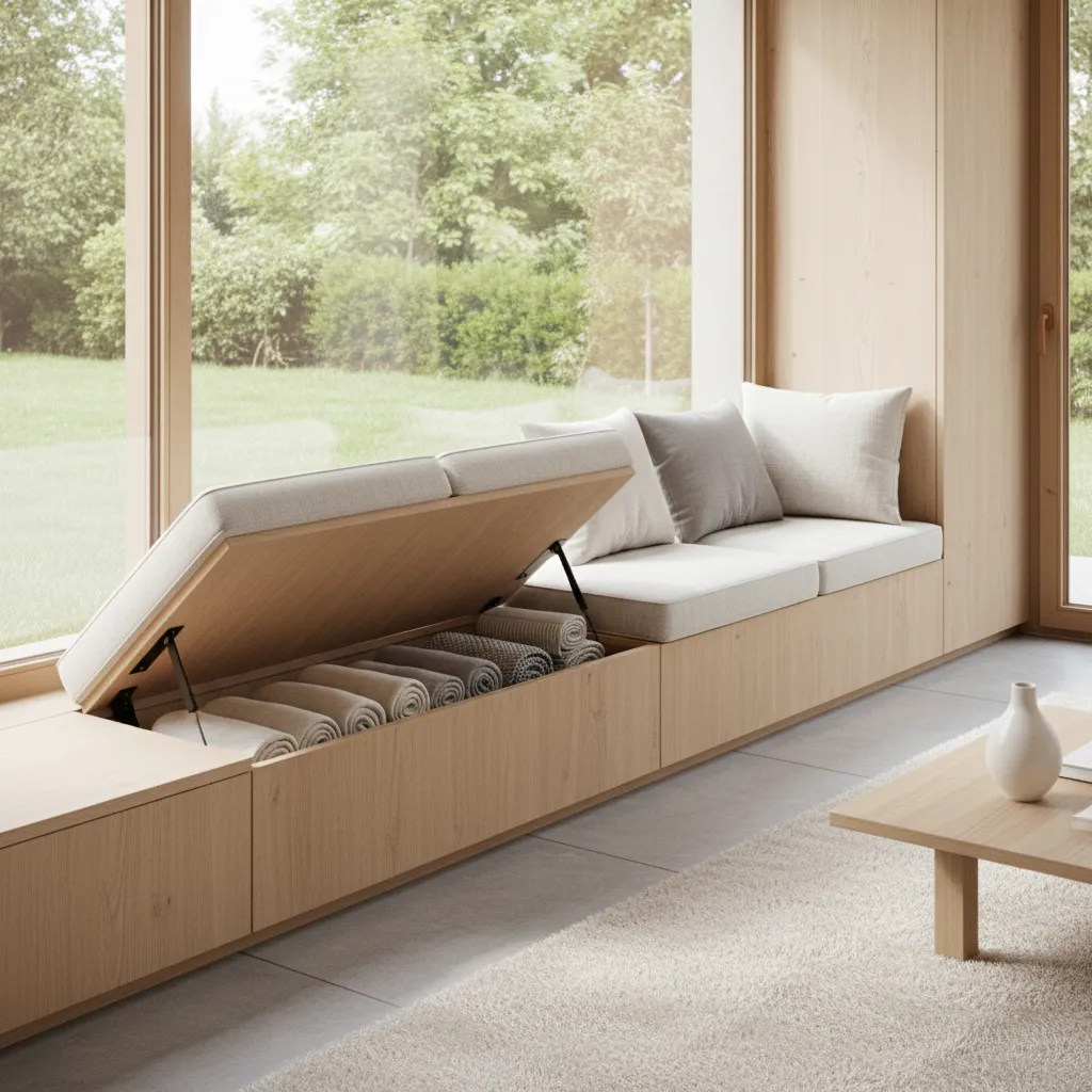Living room bench with hidden storage compartment open