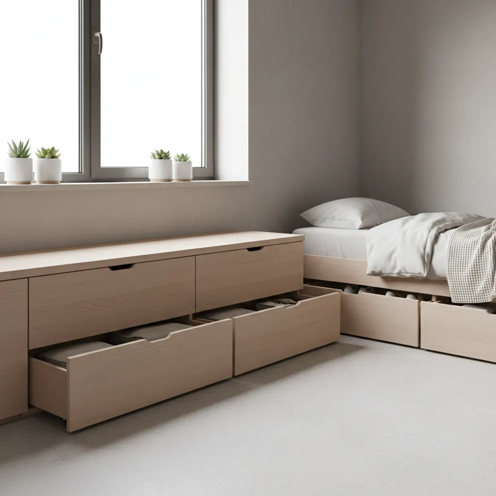 Hidden storage bench and under bed drawers in compact apartment