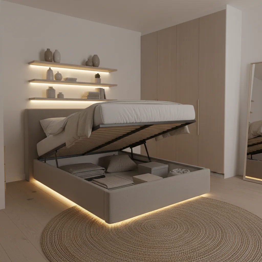 Minimalist bedroom with storage bed and wall shelving