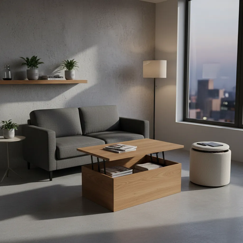 lift top coffee table and storage ottoman in compact living room
