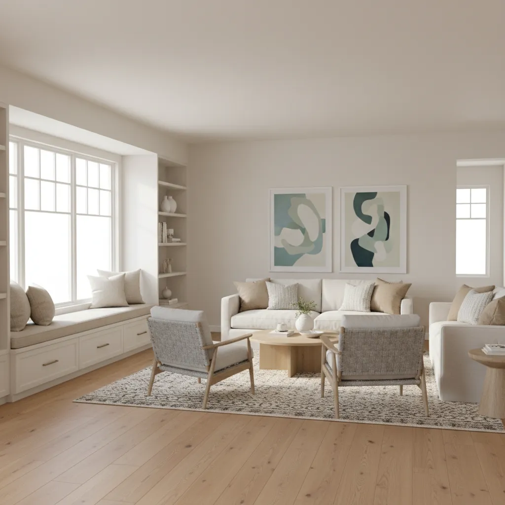 window bench with hidden storage in open concept ranch living area