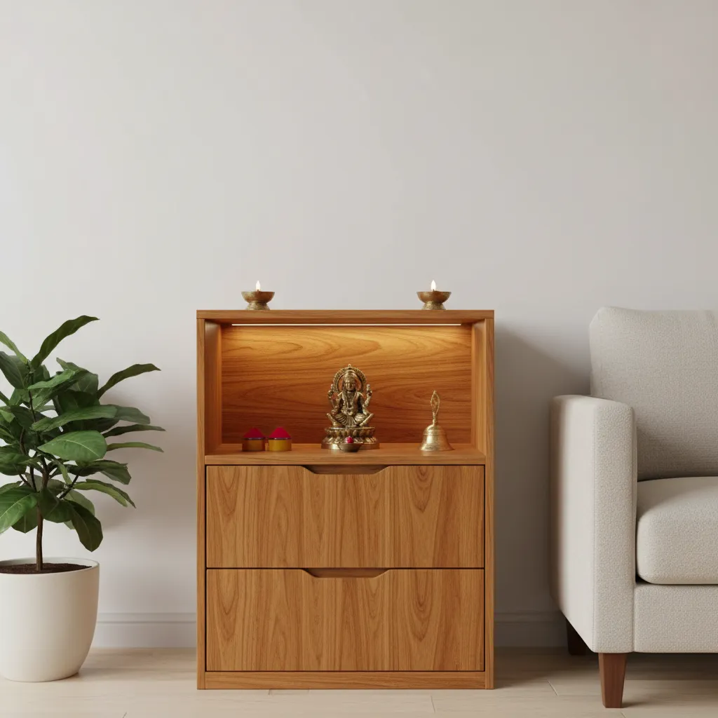 Small pooja unit with hidden drawers for incense and prayer items