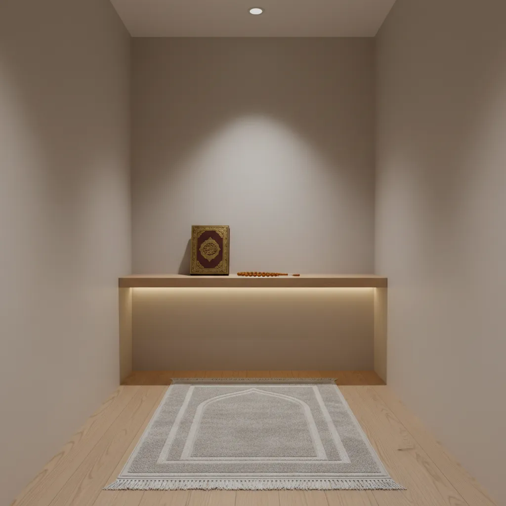 Small prayer corner with floating shelf storage for Quran