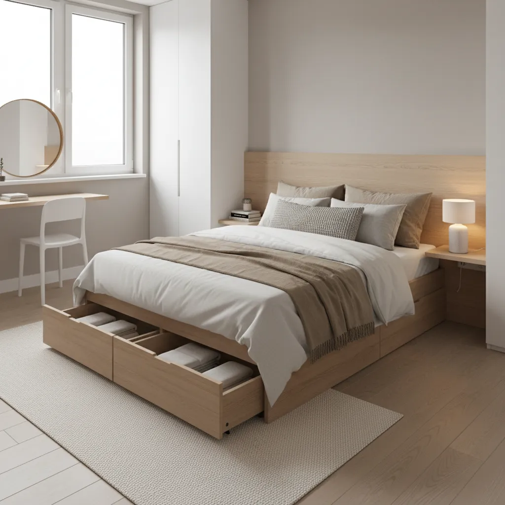 bed with under storage drawers in small apartment bedroom