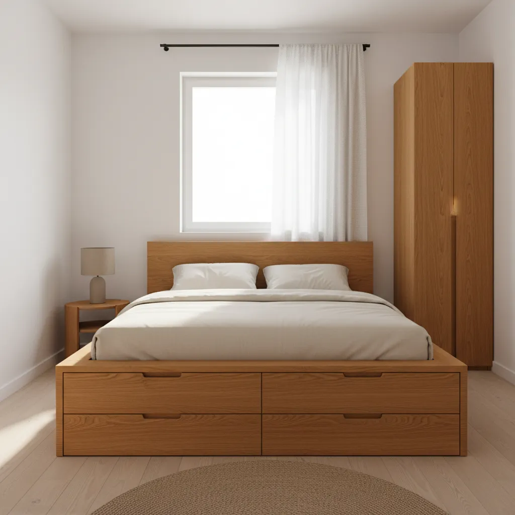 platform bed with hidden drawers and storage compartments in small room