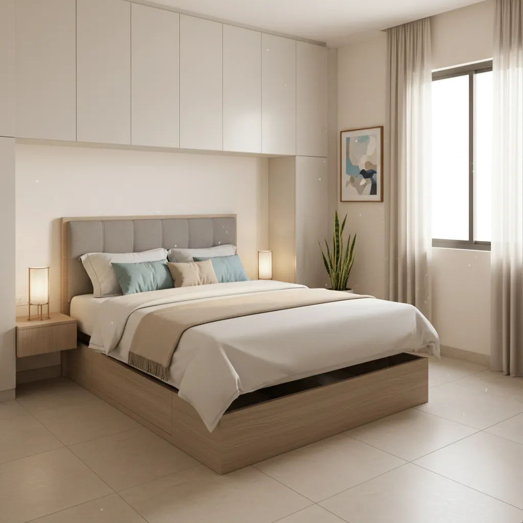 small bedroom with hidden storage bed and wall cabinets