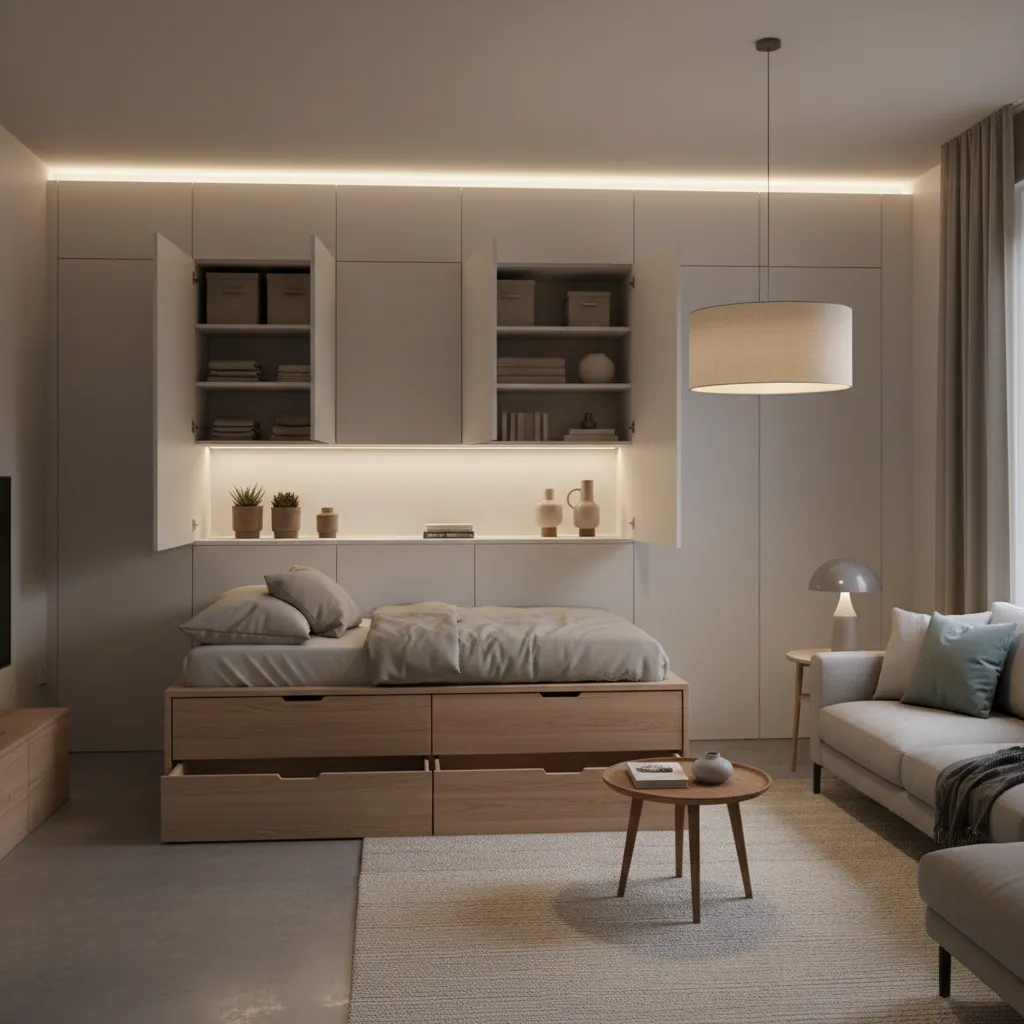 Muebles con almacenamiento oculto en una casa pequeña moderna