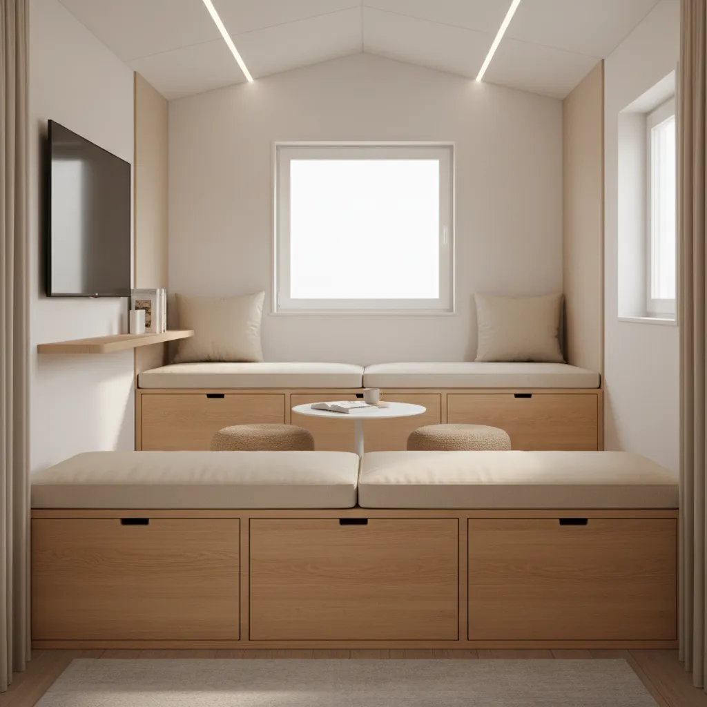 Hidden storage compartments built into seating and platforms in a tiny home