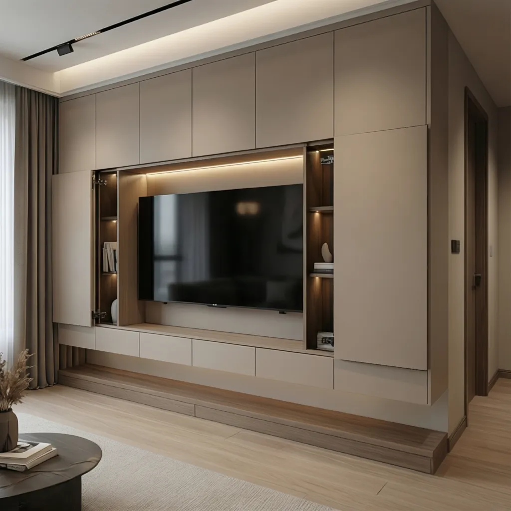 modern TV wall unit with hidden cabinets and soft lighting