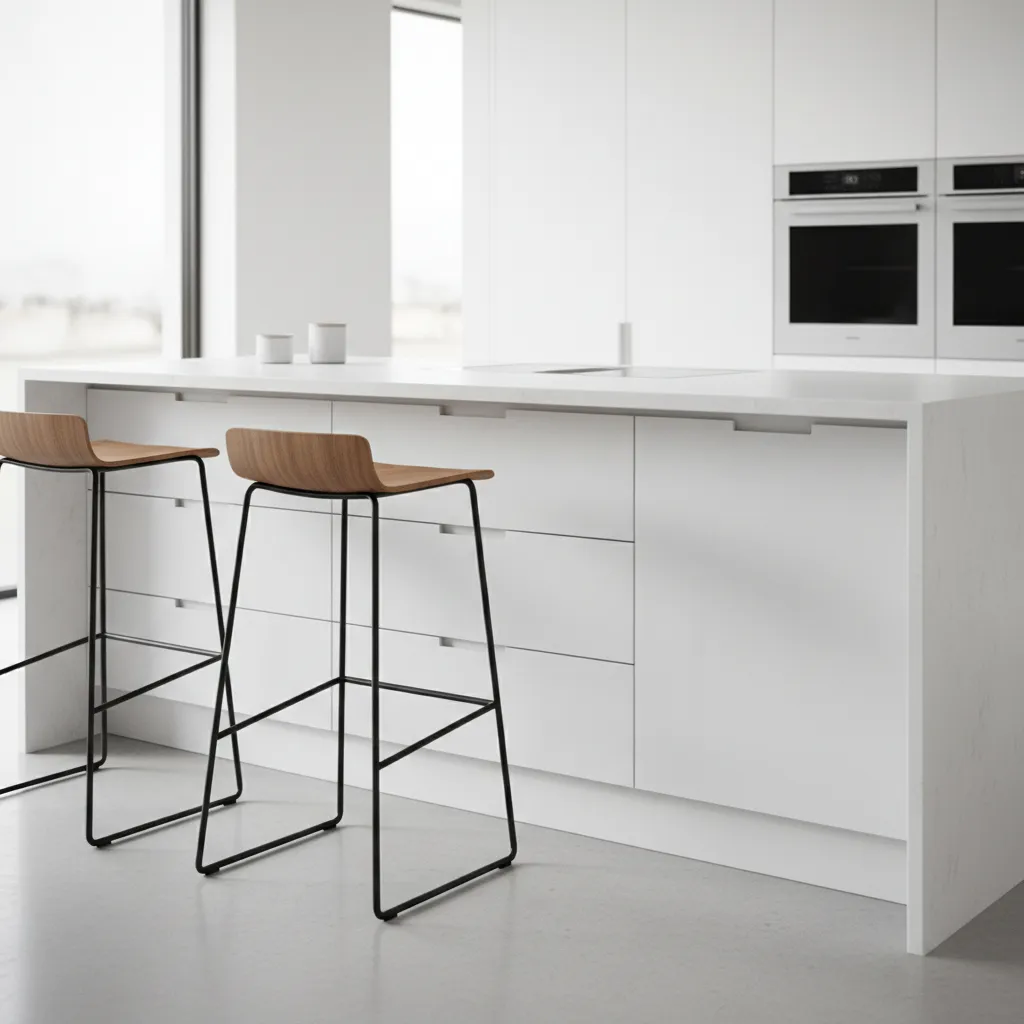 Hidden toe kick drawers and storage compartments under kitchen island seating