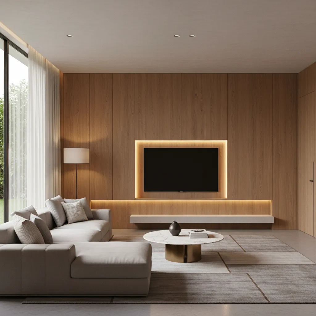 minimalist living room wood panel wall with hidden storage doors