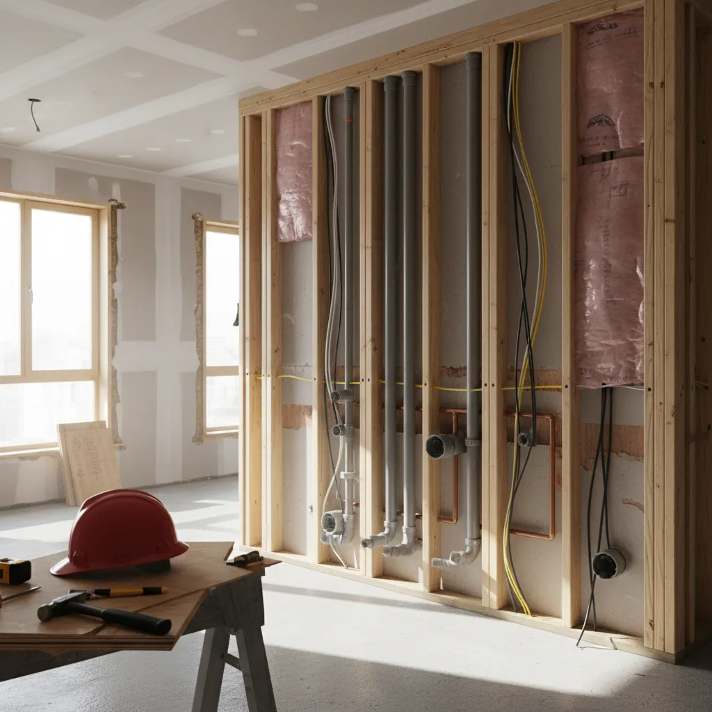 renovation wall opened showing plumbing wiring and structural framing issues