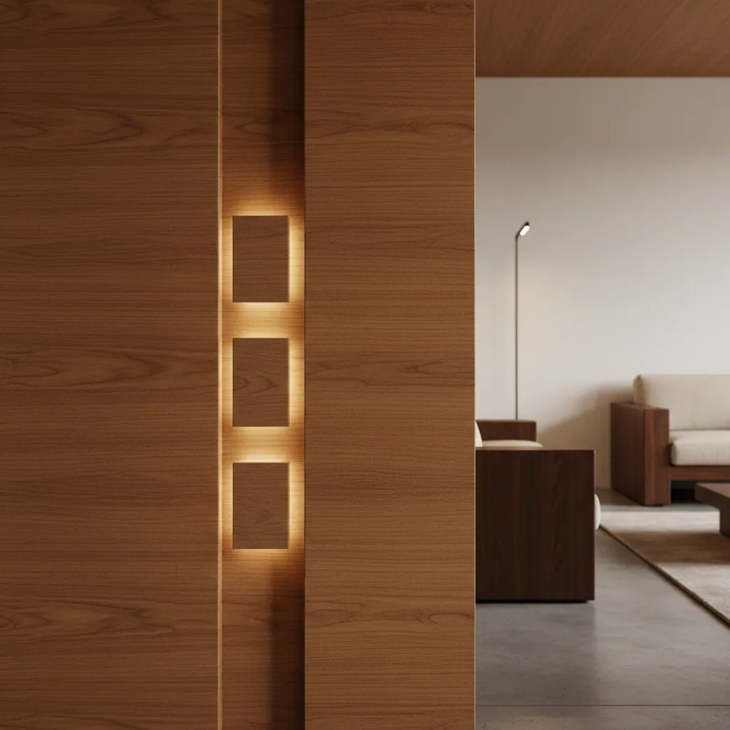 Interruptores ocultos en un panel de madera en una casa moderna