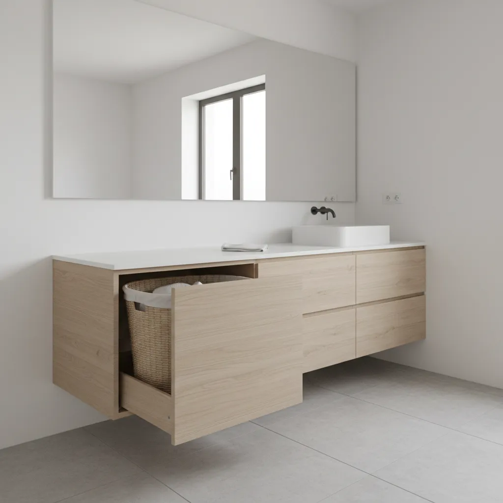 Bathroom cabinet with hidden tilt out laundry hamper