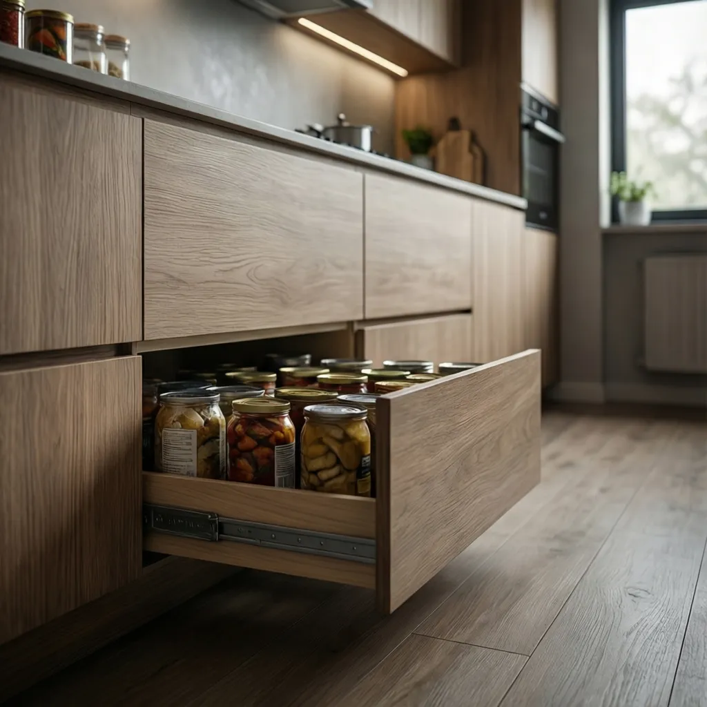 Toe-kick drawer under kitchen cabinets used for pantry storage