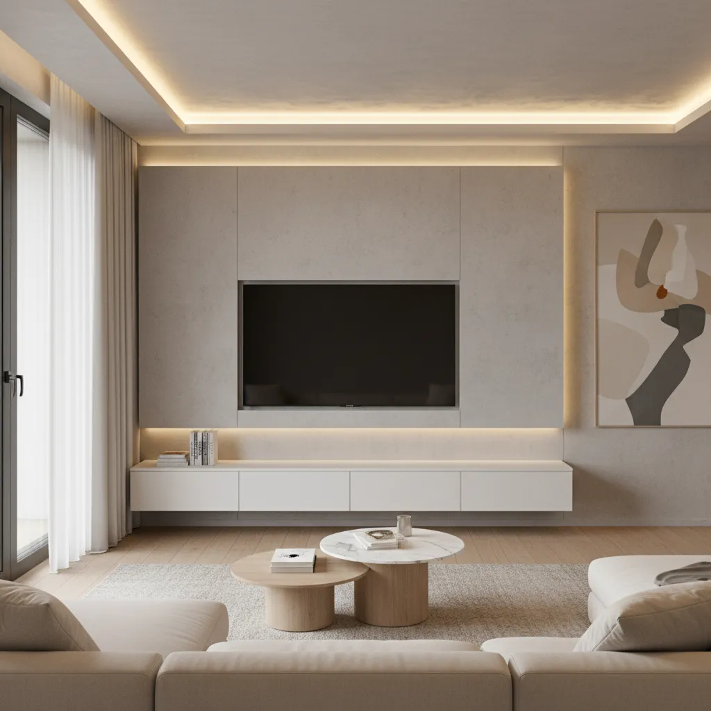 Wall mounted TV with hidden cable management and floating console