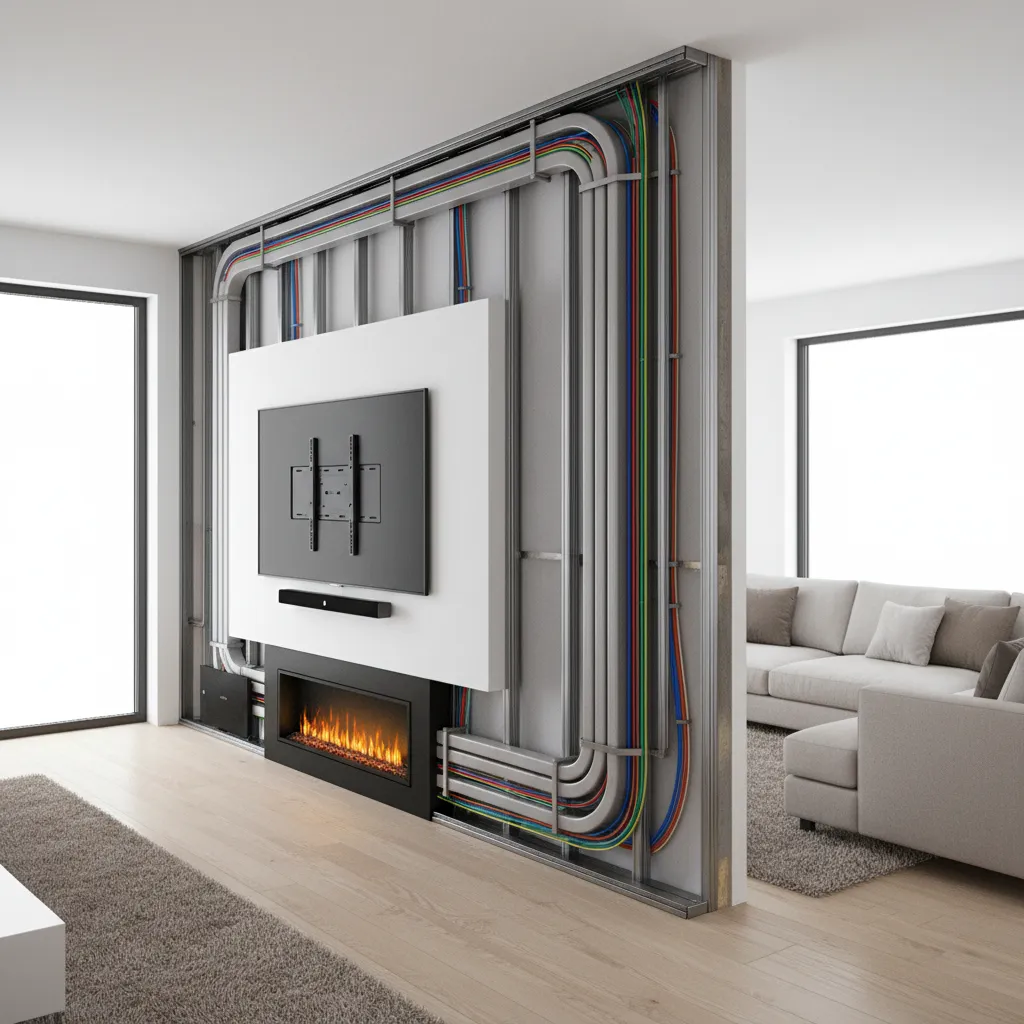 diagram style view of concealed wiring behind TV mounted above fireplace