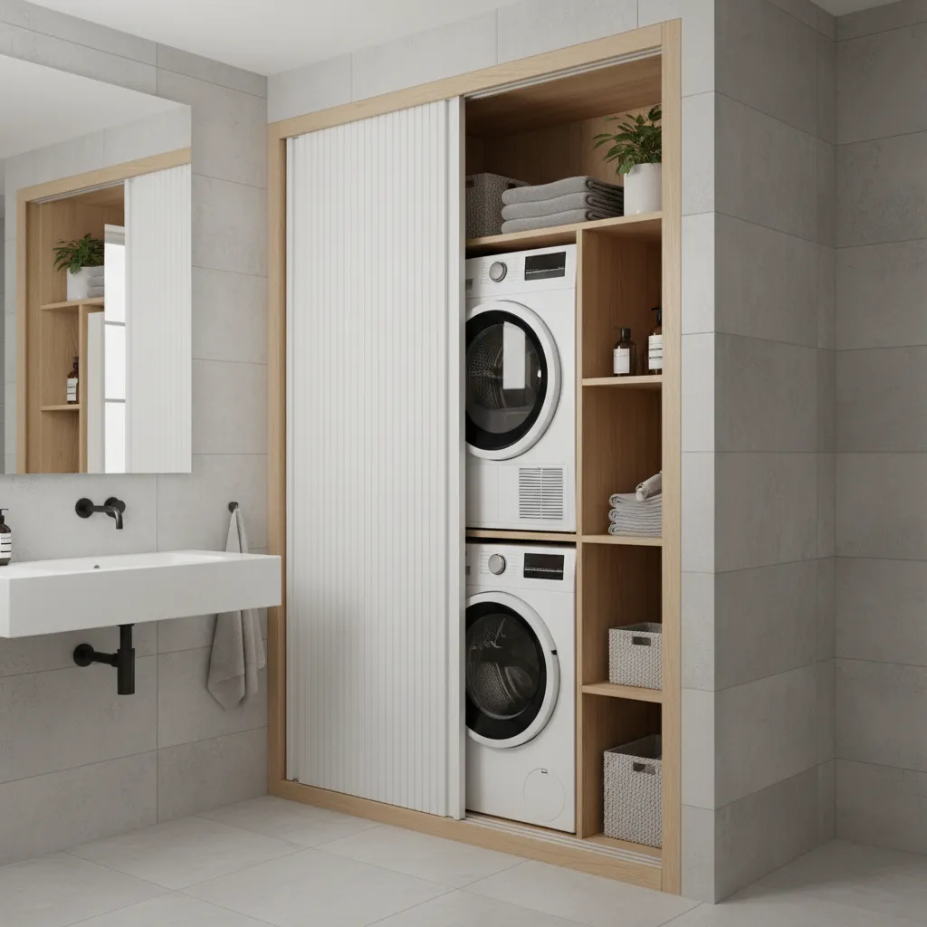 washer dryer hidden behind sliding cabinet doors in bathroom