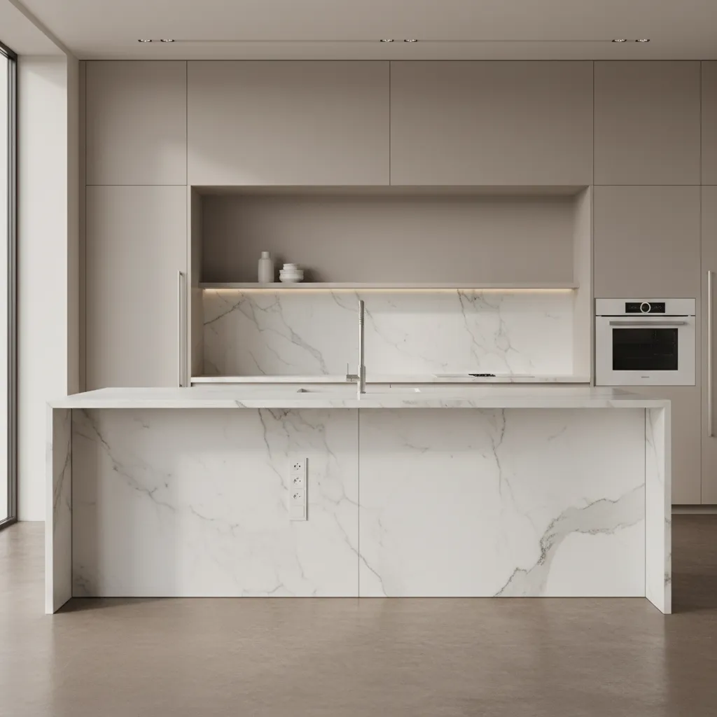 Hidden outlet strip integrated into waterfall kitchen island panel