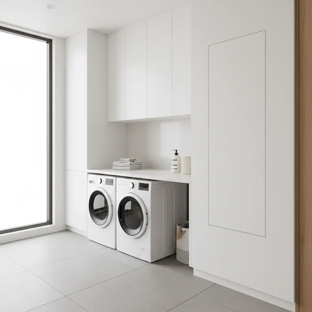 Modern white laundry room featuring washing machines under white cabinets and a large bright window