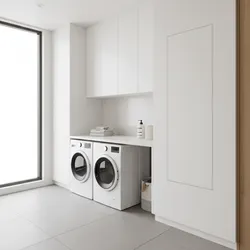 Modern white laundry room featuring washing machines under white cabinets and a large bright window