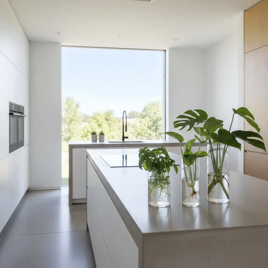 Modern white kitchen island with three green plants in glass jars and a large bright window