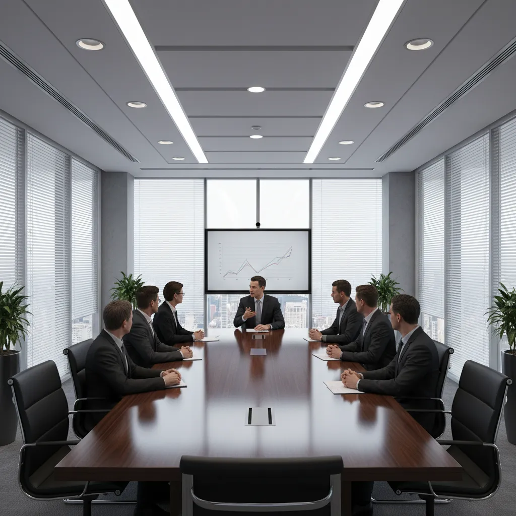 Professional boardroom with long dark wood table, men in suits, digital screen, and large windows