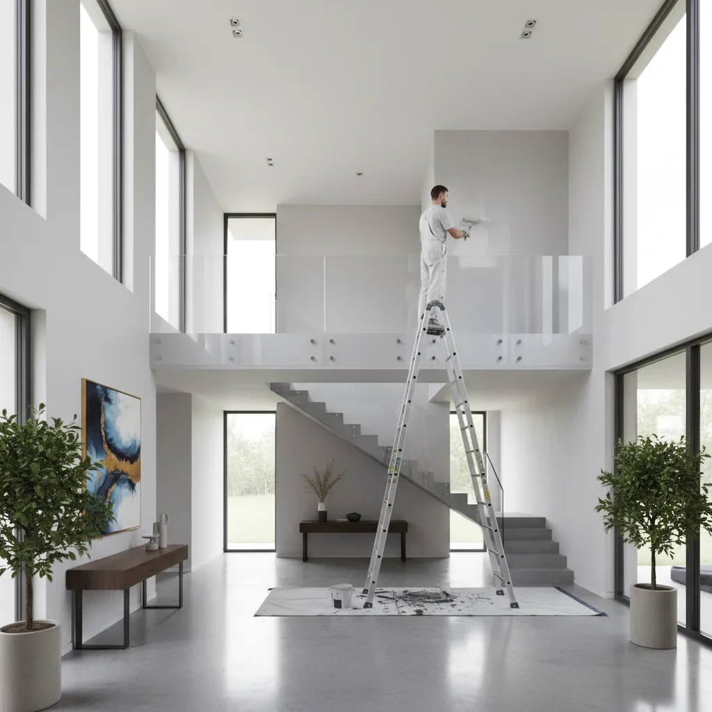painter using ladder to paint high ceiling foyer interior