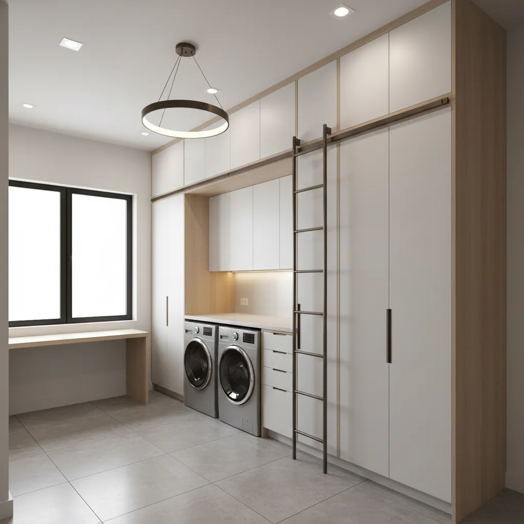 Bright laundry room with high white cabinets, circular ceiling light, two washing machines, and desk