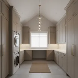 Modern laundry room featuring wood cabinets white washer dryer stack globe ceiling light and window