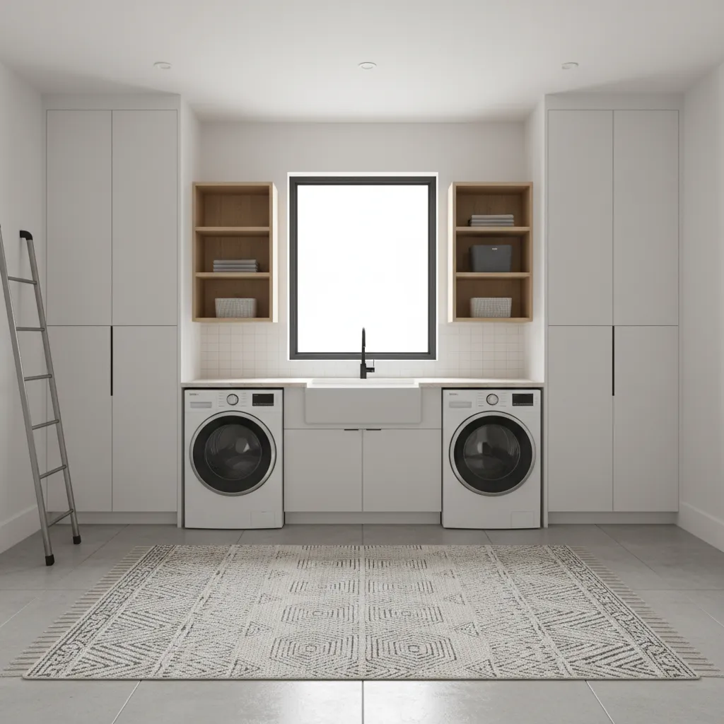 Modern laundry room with tall walls and vertical storage design
