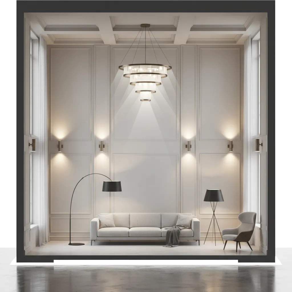 diagram showing ceiling mid level and eye level lighting in tall living room