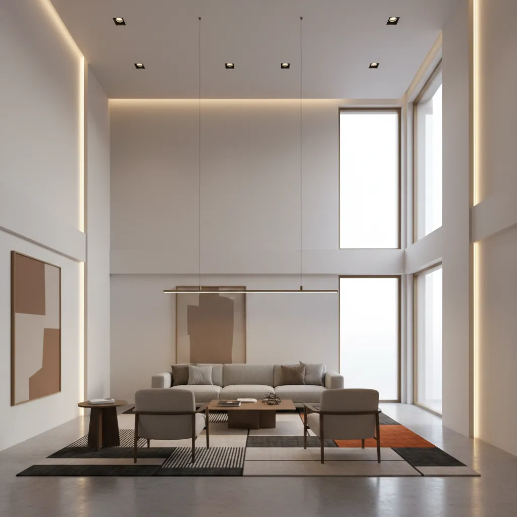 pendant lighting with long drop in tall living room