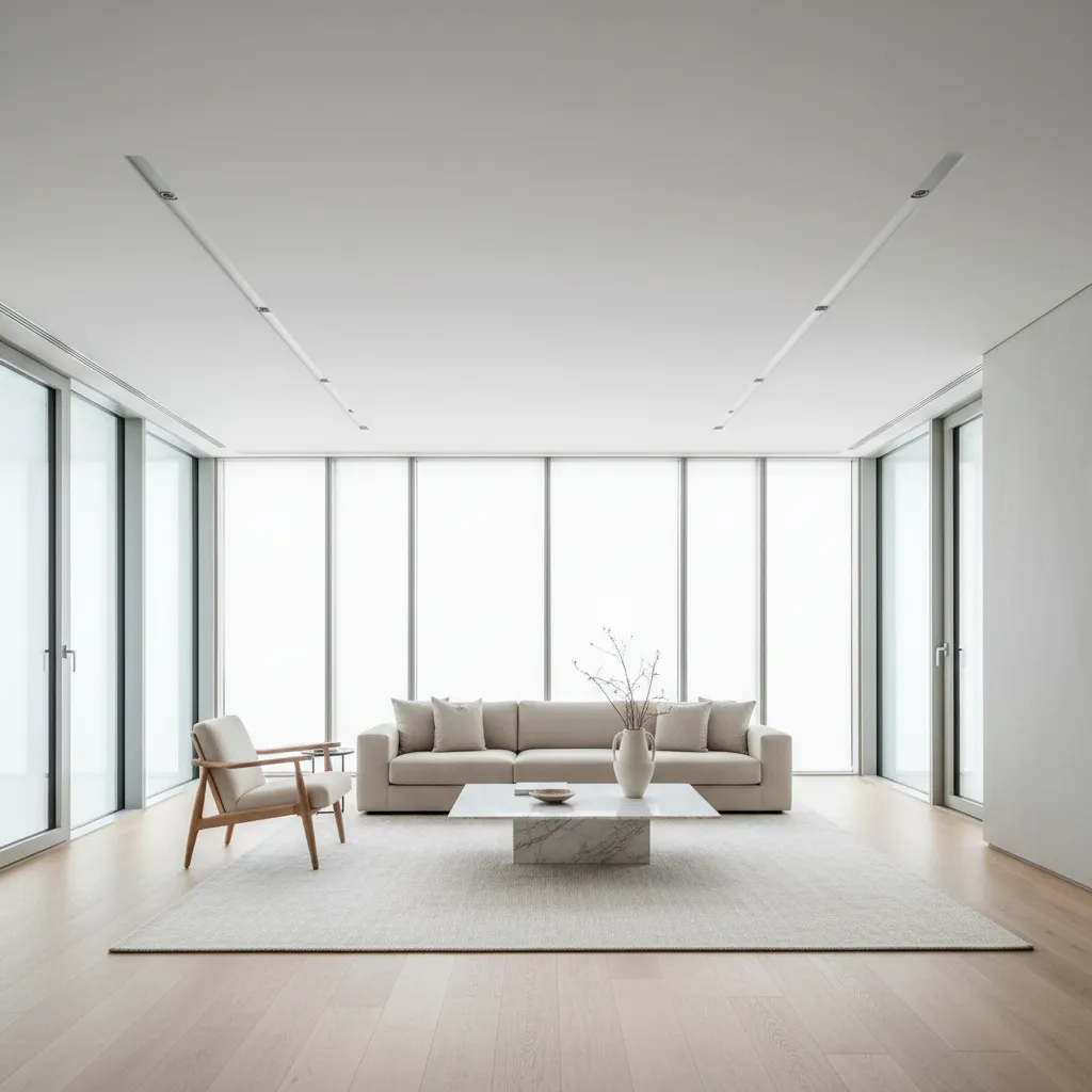 Minimalist white living room with large windows beige sofa marble coffee table and wooden floor